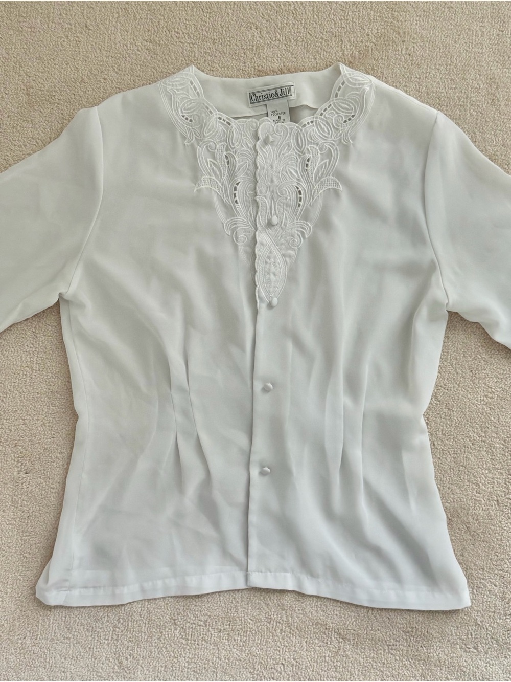Vintage Christie & Jill White Lace Detail Front Button Women's Blouse US 8